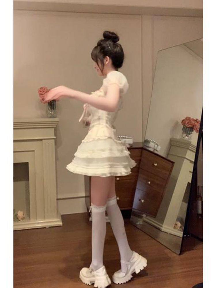 Pastoral Princess 2.0 Summer Ballet Style Sweet Top Puff Skirt Waist Slimming Hot Girl Skirt Two-Piece Set