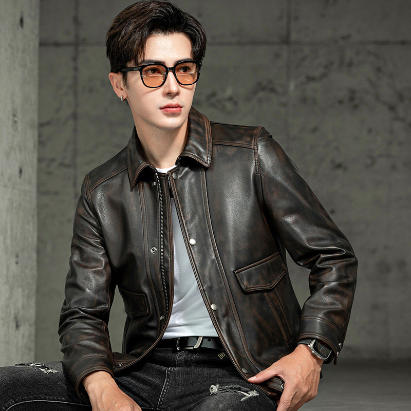 Áo Khoác Da Thật Nam Kiểu Motor Biker Cổ Bẻ Ngắn Da Dê Lớp Đầu Tiên Màu Nâu Đậm