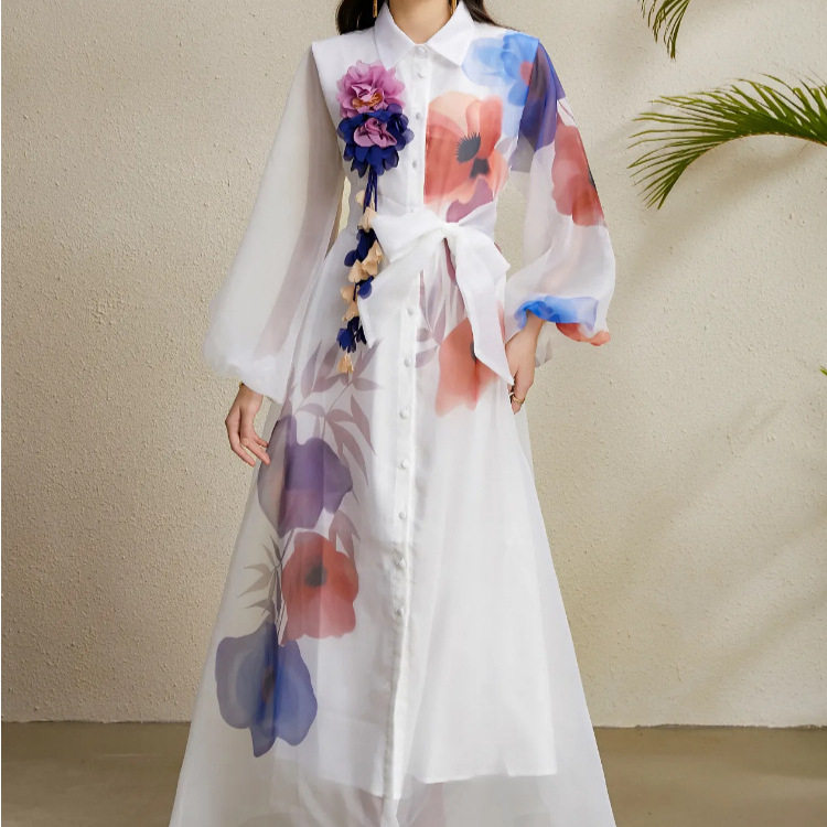 French Court Style Dress Elegant Floral Print Lantern Sleeves Waist Tie Sheer Fabric Perfect for Formal Events