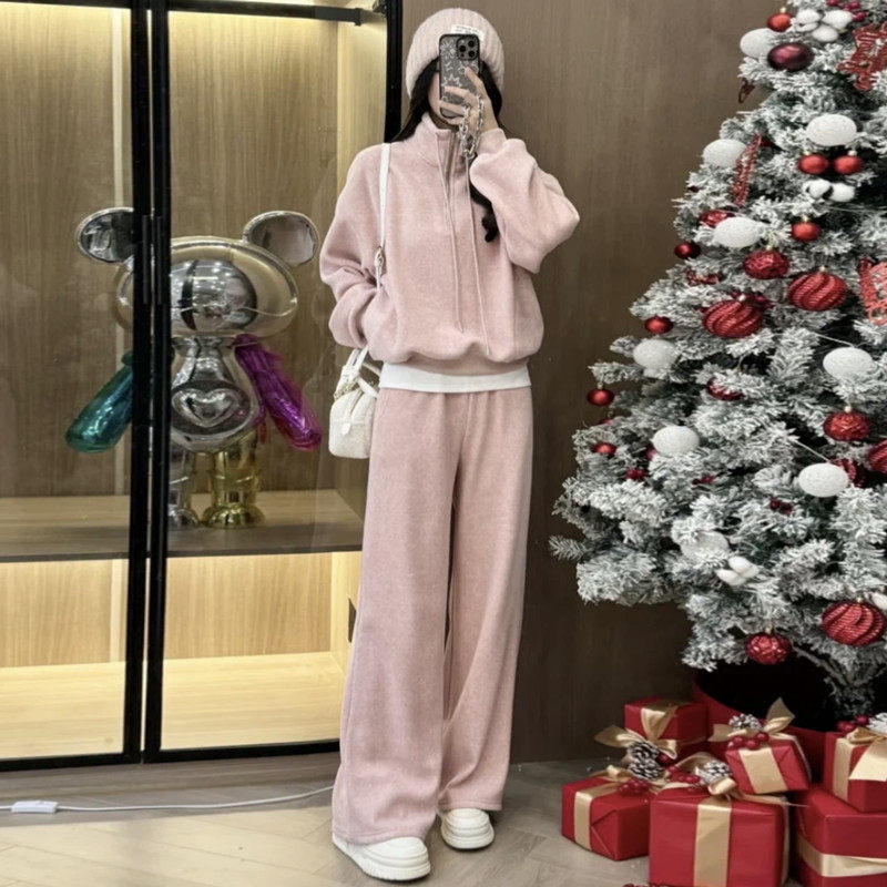 Bộ Đồ Nữ &Aacute;o Kho&aacute;c Quần D&agrave;i L&oacute;t L&ocirc;ng D&aacute;ng Rộng Phong C&aacute;ch Ulzzang M&agrave;u Kem, Hồng