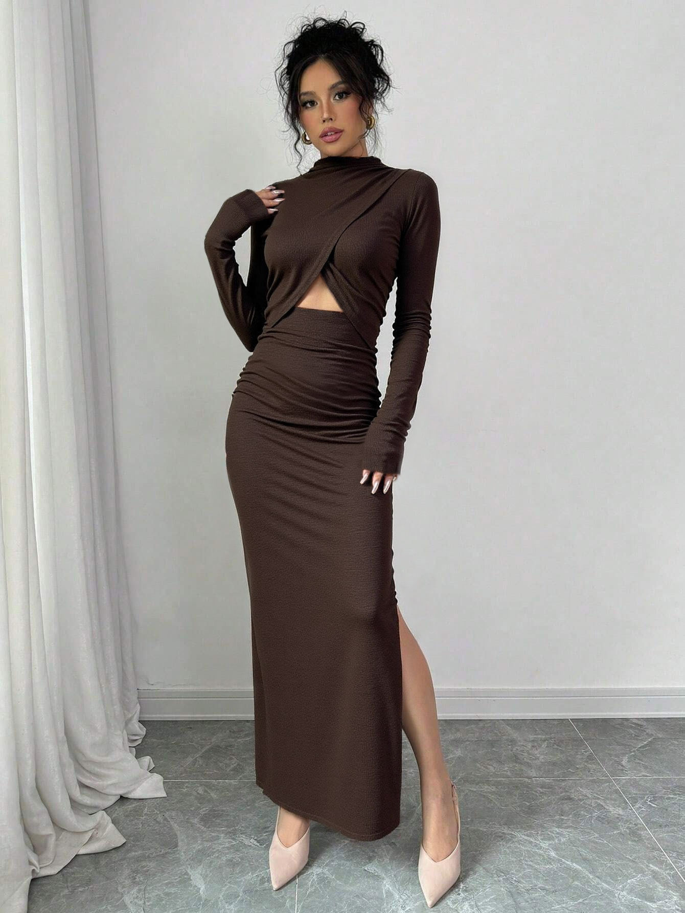 Elegant Long Sleeve Bodycon Dress Sexy Side Slit Waist Cutout Mid Length Spring Summer Fashion Wholesale Available