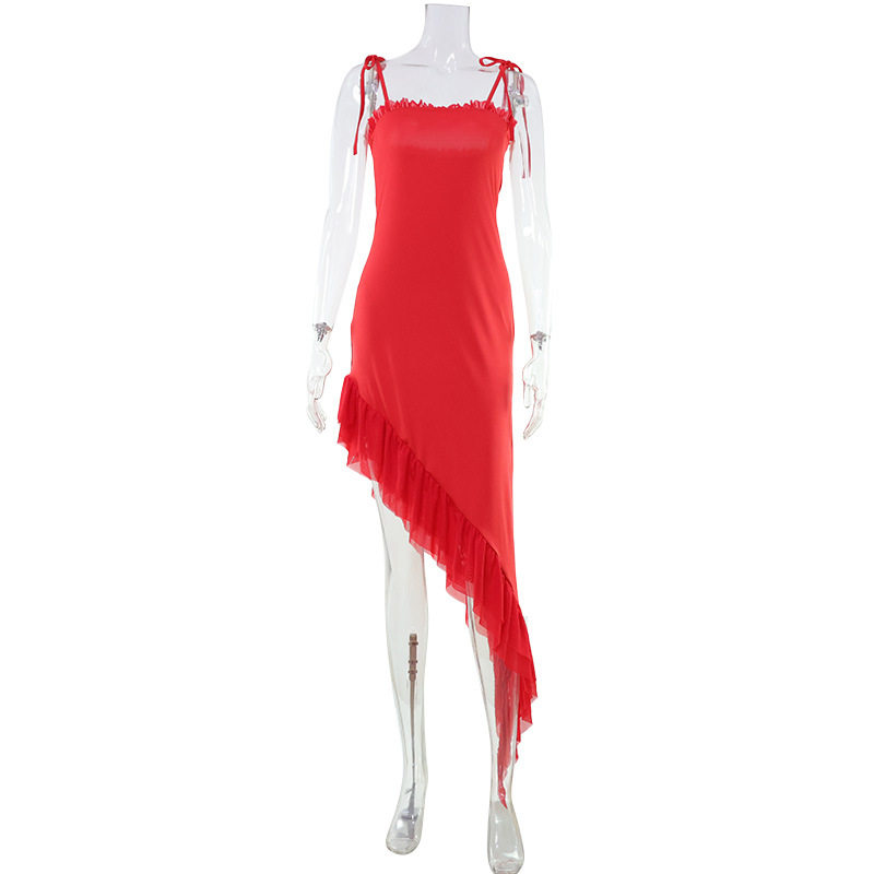 Elegant Solid Color Asymmetrical Ruffle Hem Cami Dress Slim Fit Fashionable Style Perfect for Summer Events Wholesale