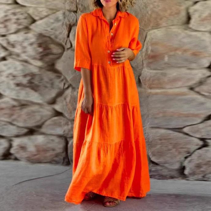 Womens Loose Fit Button Up Dress Solid Color Long Sleeve Collared Summer Casual Wear Wholesale Available