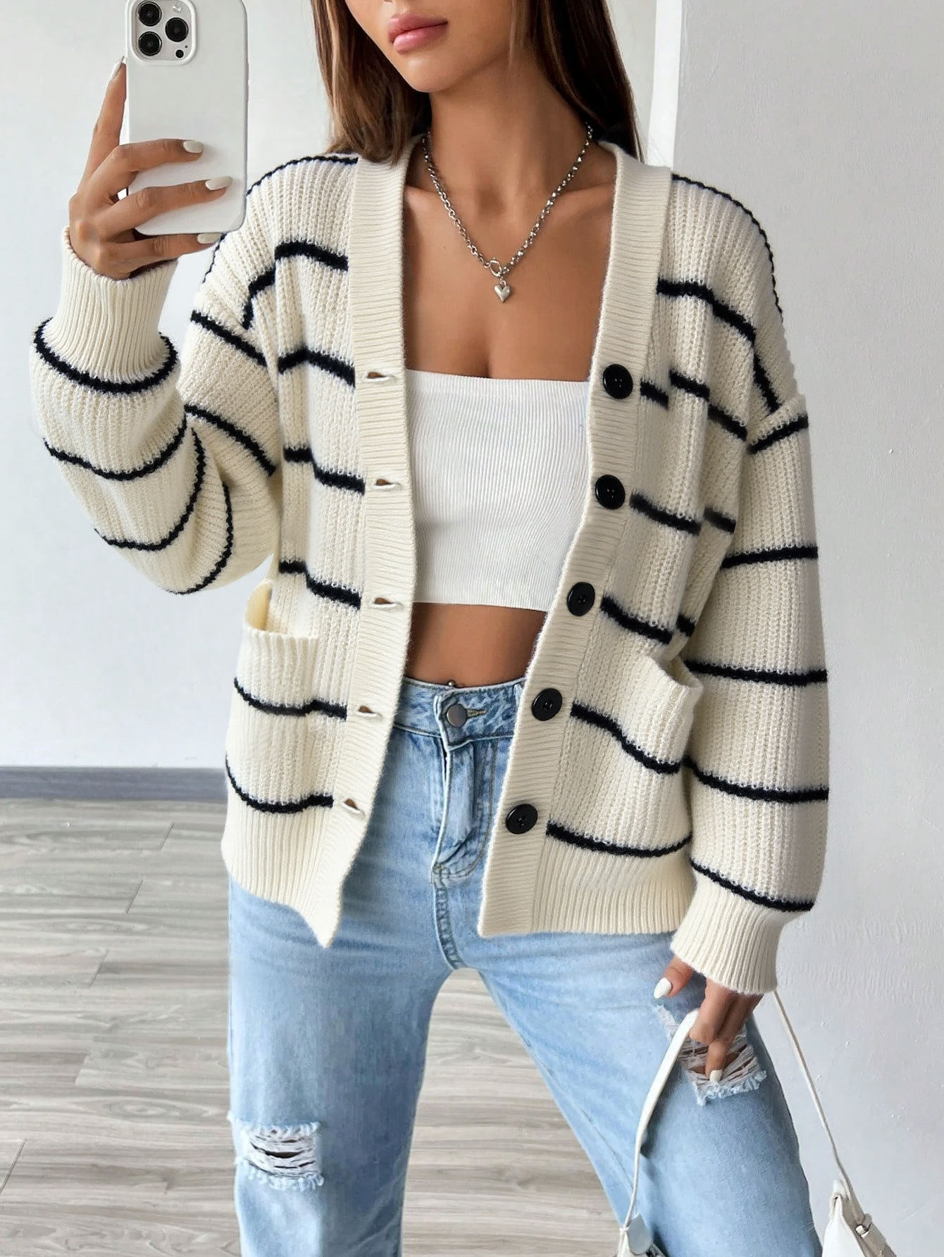 Womens Loose Fit Striped Knit Cardigan V Neck Long Sleeve Soft Fabric Spring Summer Fashion Wholesale Available