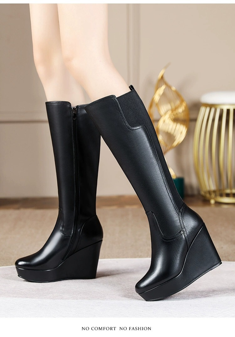 Boot nữ cổ cao gót xuồng mũi tròn phong cách Âu Mỹ tôn dáng — Màu đen lót một lớp, Màu đen lót nhung