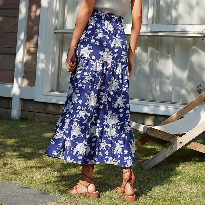 High Waisted Floral Midi Skirt Slim Fit Blue Color Comfortable Fabric Casual Wear Summer Style Wholesale Available
