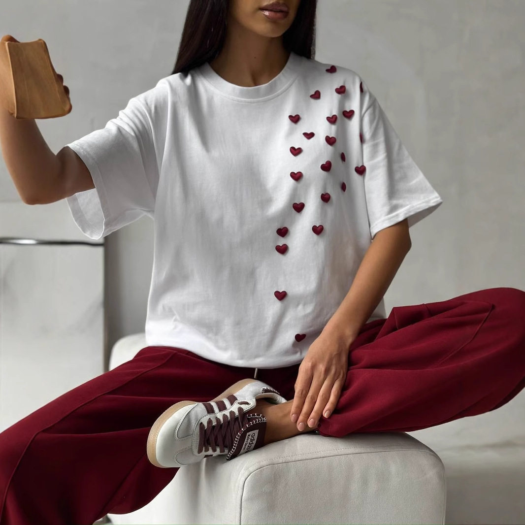 Womens Casual 3D Heart Print T Shirt Short Sleeve Round Neck Stylish Design Spring Summer Fashion Wholesale