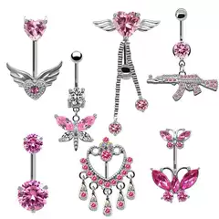 Gabi European & American Trendy Pink Belly Button Ring Set – Navel Jewelry with Cat Head, Dragonfly, Pistol, Butterfly Design – In Stock