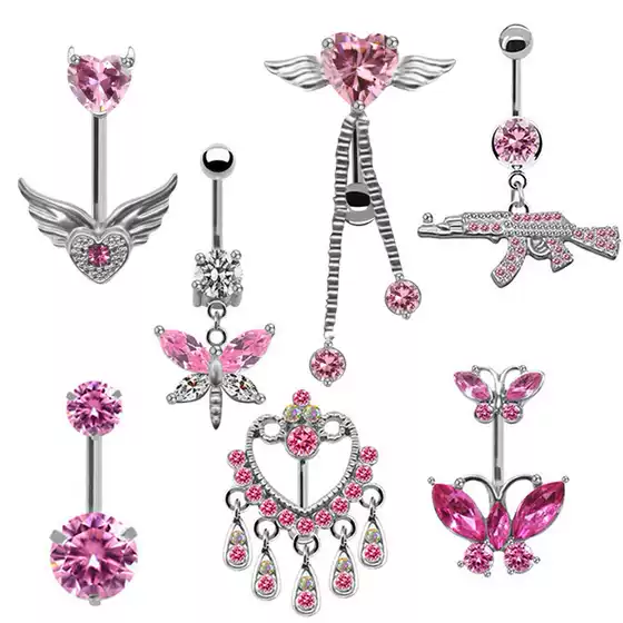 Gabi European & American Trendy Pink Belly Button Ring Set – Navel Jewelry with Cat Head, Dragonfly, Pistol, Butterfly Design – In Stock