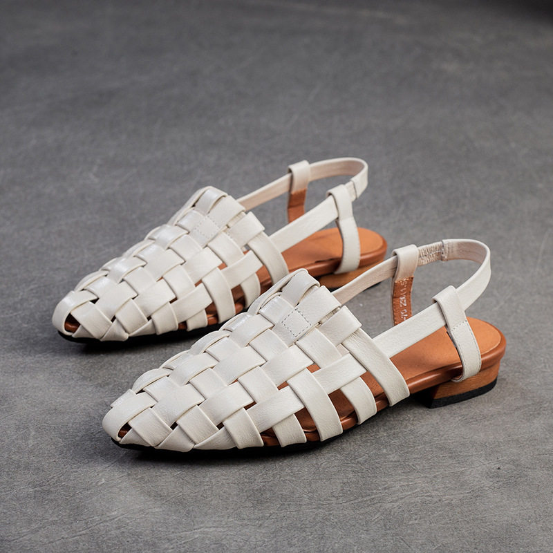 Dép Sandal Nữ Bít Mũi Da Thật Đan Lưới Thủ Công Đế Cao 3cm - 4cm Màu Trắng, Xám