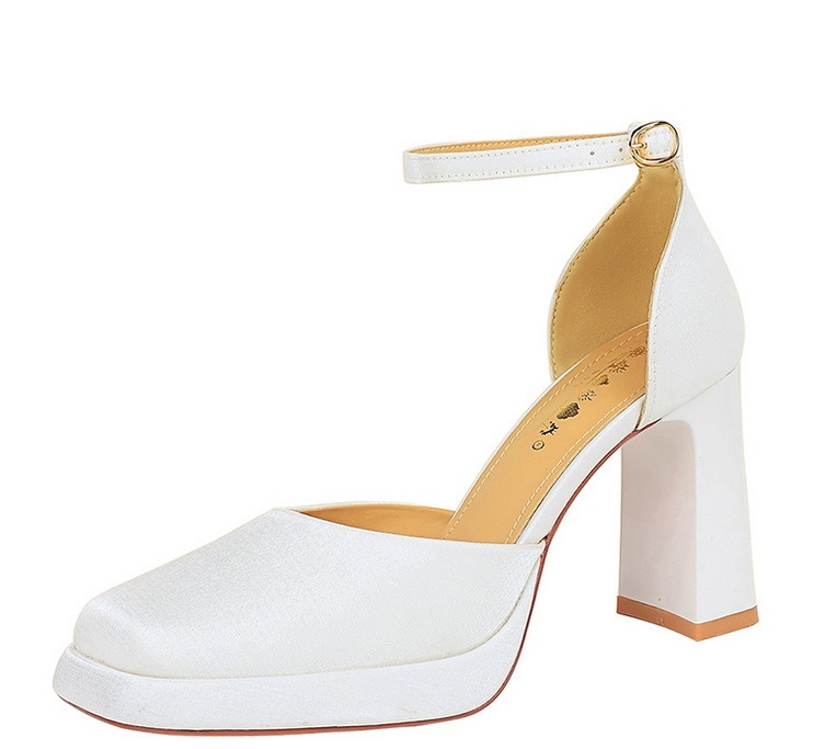 Sandal cao gót nữ quai ngang mũi vuông đế xuồng mặt satin — Màu đen, Màu đỏ rượu, Màu sâm panh, Màu trắng