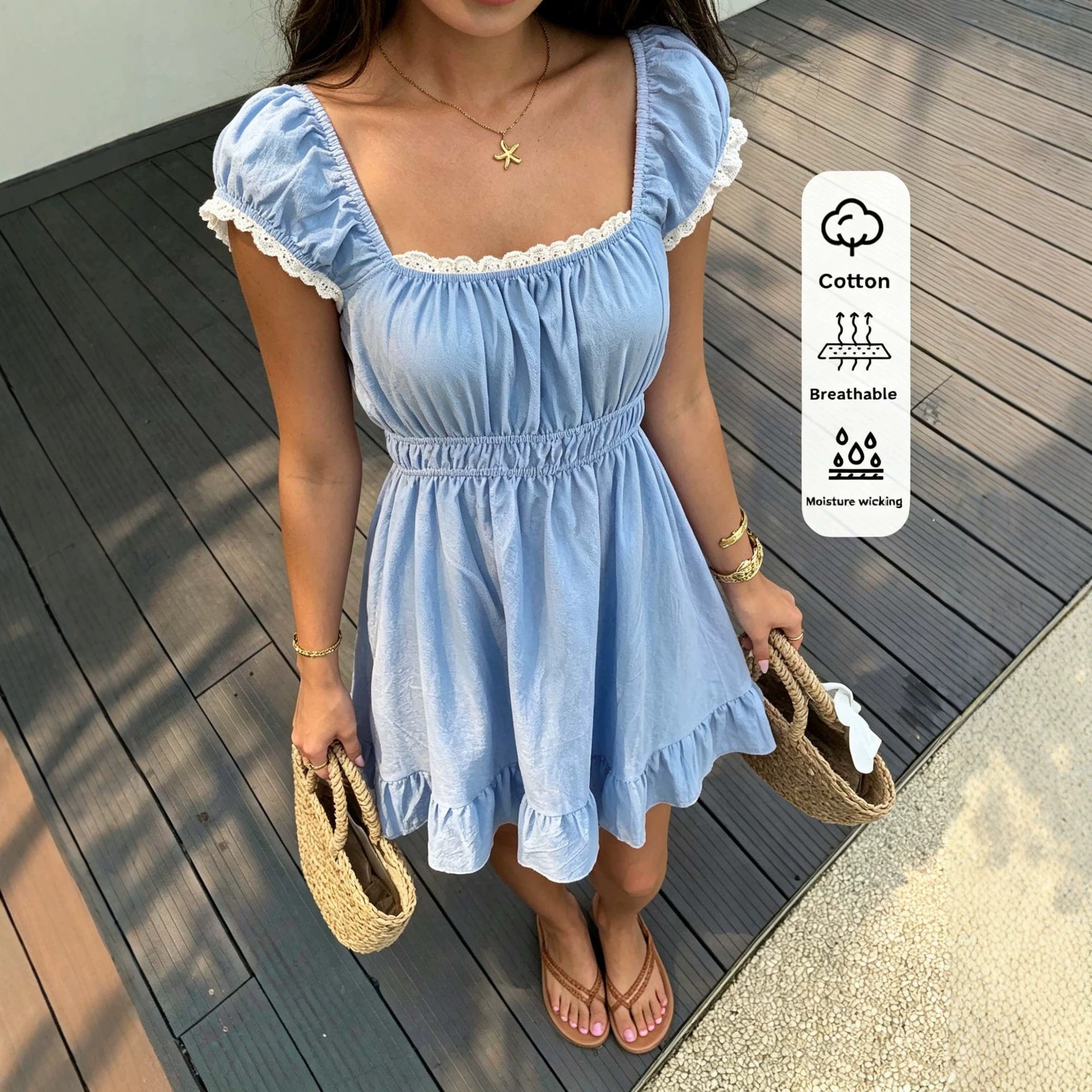 Summer French Style A Line Dress for Women Square Neck Puff Sleeves Lace Trim Slim Fit Perfect for Casual Outings