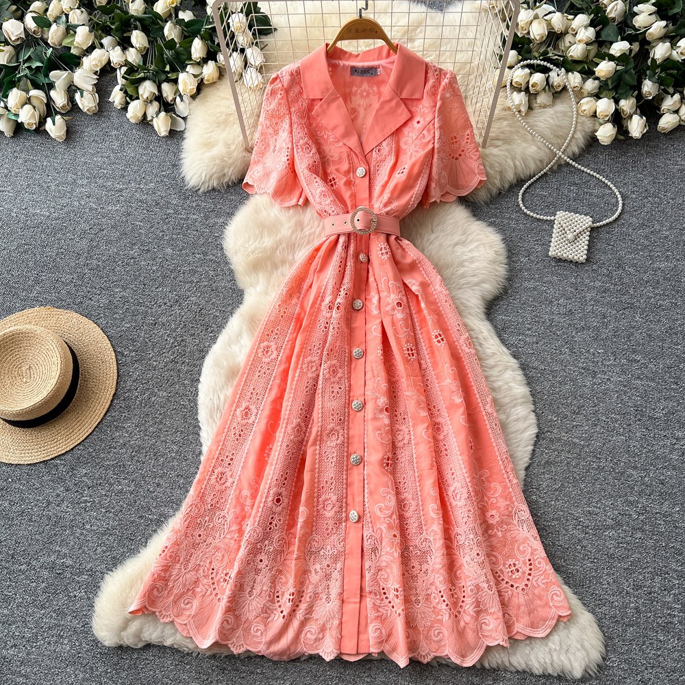 French Romantic Lace Hollow Out Dress Short Sleeve Slim Fit A Line Summer Office Wear Wholesale Available