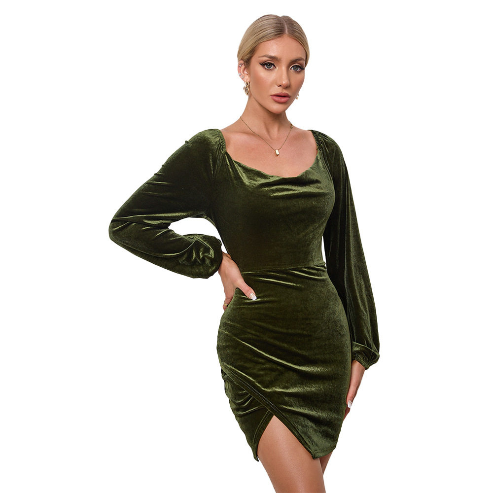 Bodycon Velvet Dress Slim Fit Split Hem Puff Sleeves Elegant Style Perfect for Spring Summer Events Wholesale