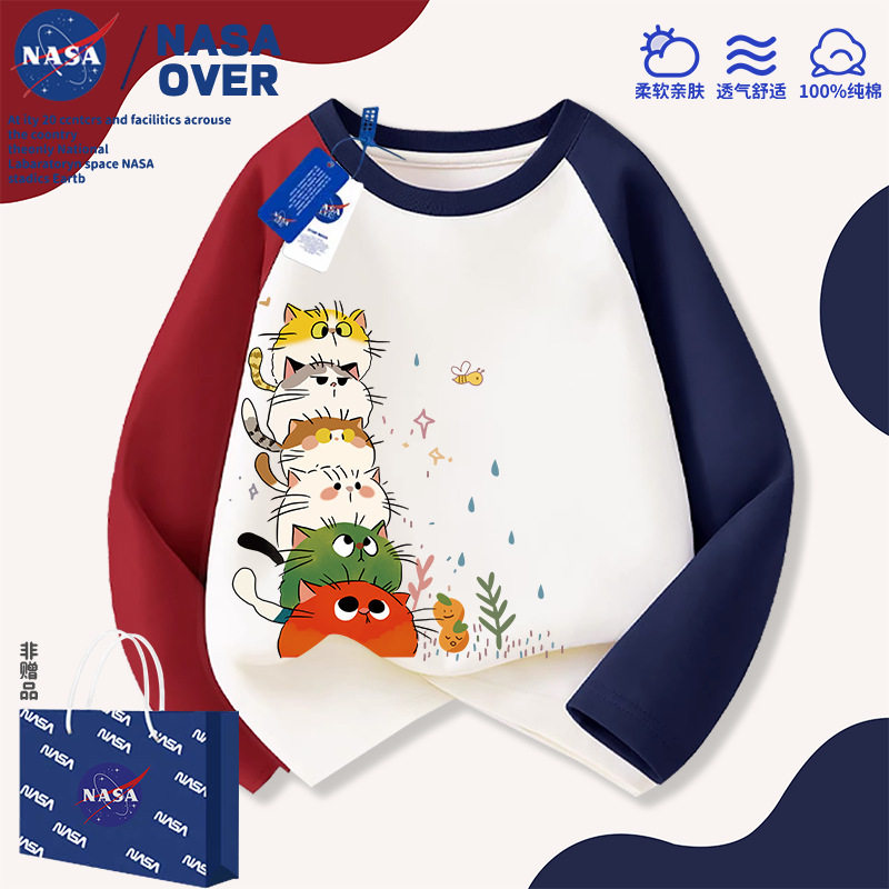 Детская футболка-реглан с длинными рукавами и милым котом NASA из хлопка, осенний новый стиль, трендовый универсальный топ для больших детей Изображение 1
