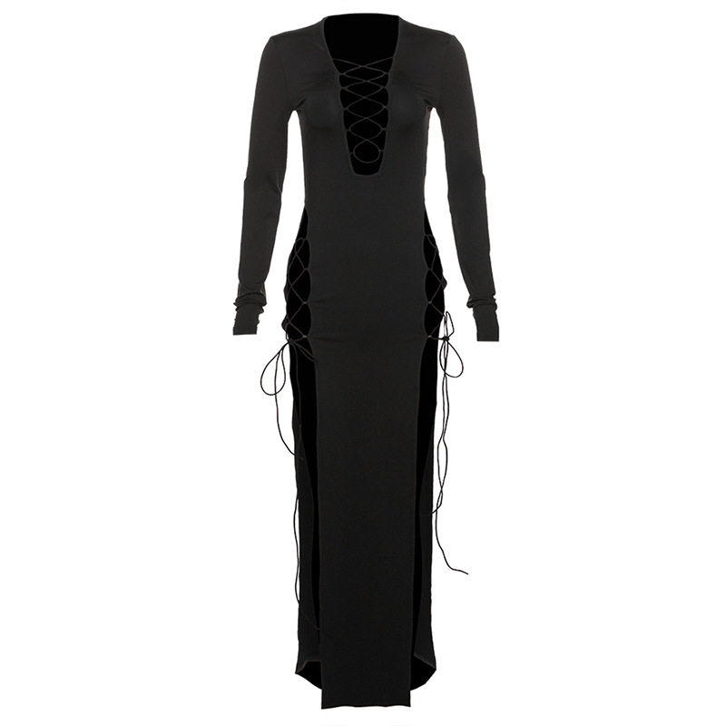 Elegant Long Sleeve Maxi Dress Deep V Neck High Slit Solid Color Slim Fit Spring Summer Fashion Wholesale