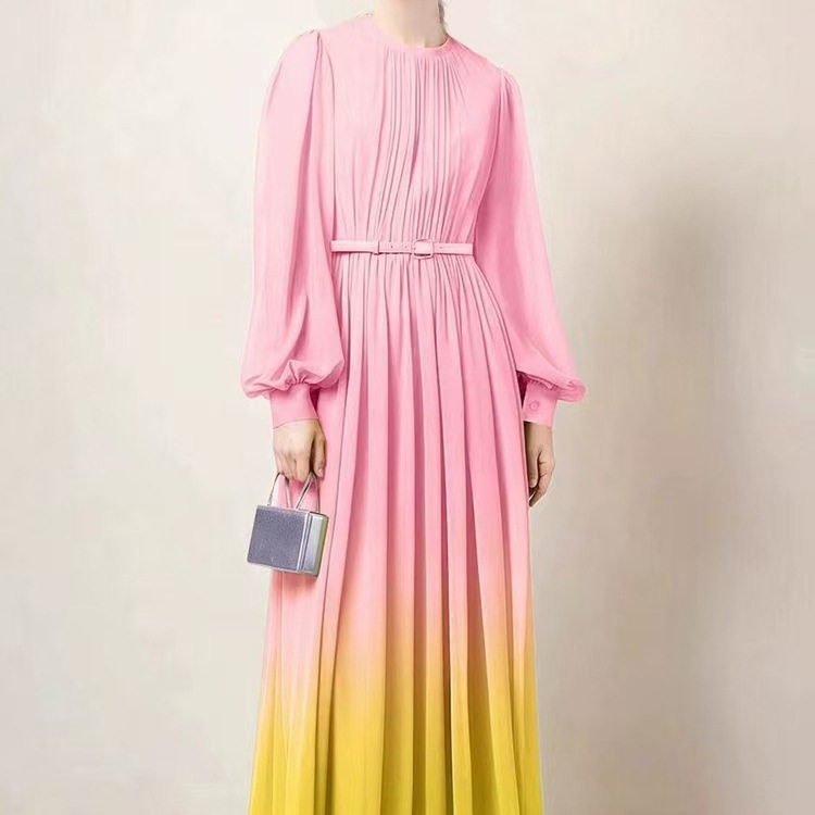 Elegant French Style Gradient Color Dress Spring Collection Waist Defining Flattering Fit Flowing Pleats Maxi