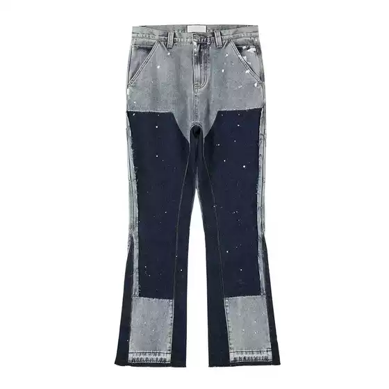 High Street Washed Distressed Patchwork Lumberjack Jeans for Men, Vintage Fashion Trendy Splash-Ink Print Wide-Leg Trousers