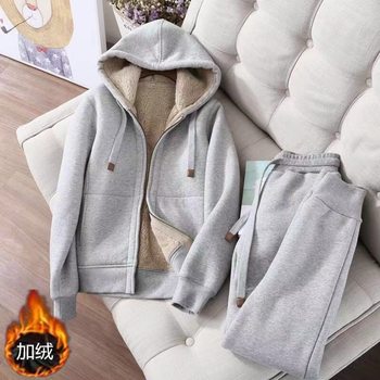 Fleece-lined thick fashion mom sports leisure suit winter simple solid color hooded sweater slim two-piece set