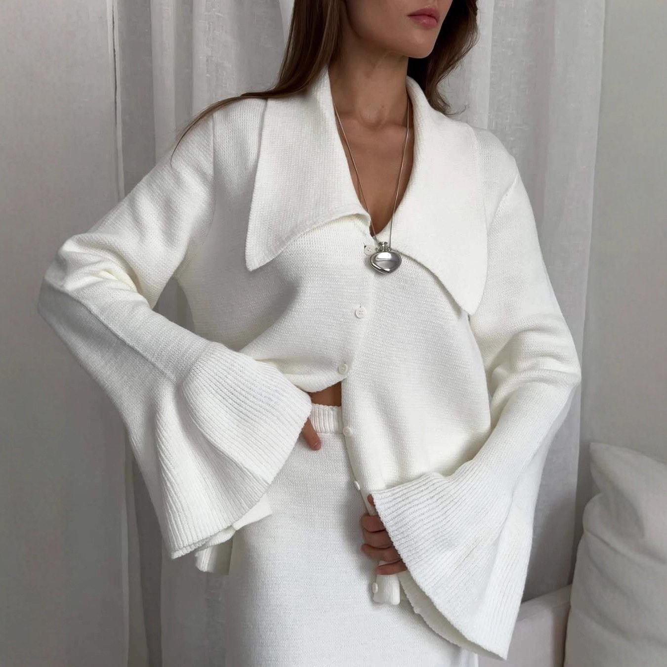 Womens Autumn Winter Solid Color Polo Cardigan and Flared Sleeve Sweater Set Elegant Knit Design Perfect for Casual or