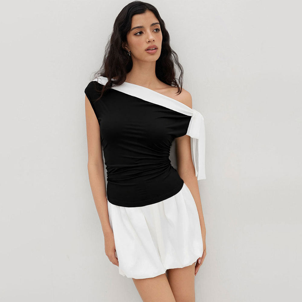 Elegant Black and White Color Block Sleeveless Top Slim Fit Off Shoulder Bow Tie Detail Perfect for Casual or Evening