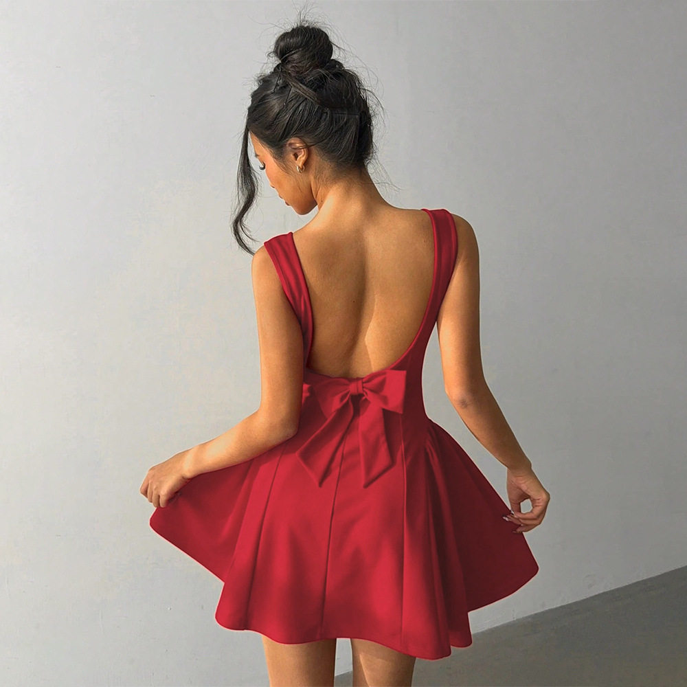 Red A Line Dress Fitted Square Neck Backless Short Hem Spring Summer Fashion Wholesale Available
