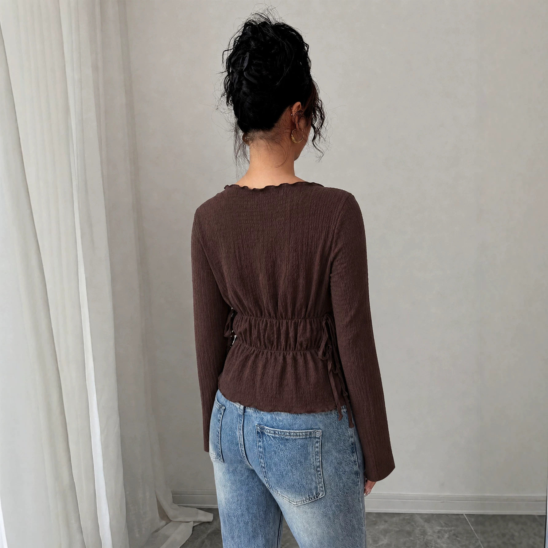 Off Shoulder Long Sleeve Top Textured Fabric Slim Fit Ruffled Hem Fall Winter Fashion Wholesale Available