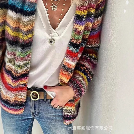 跨境亚马逊外贸宽松阳光沙滩俏皮彩色女士印花针织开衫 现货