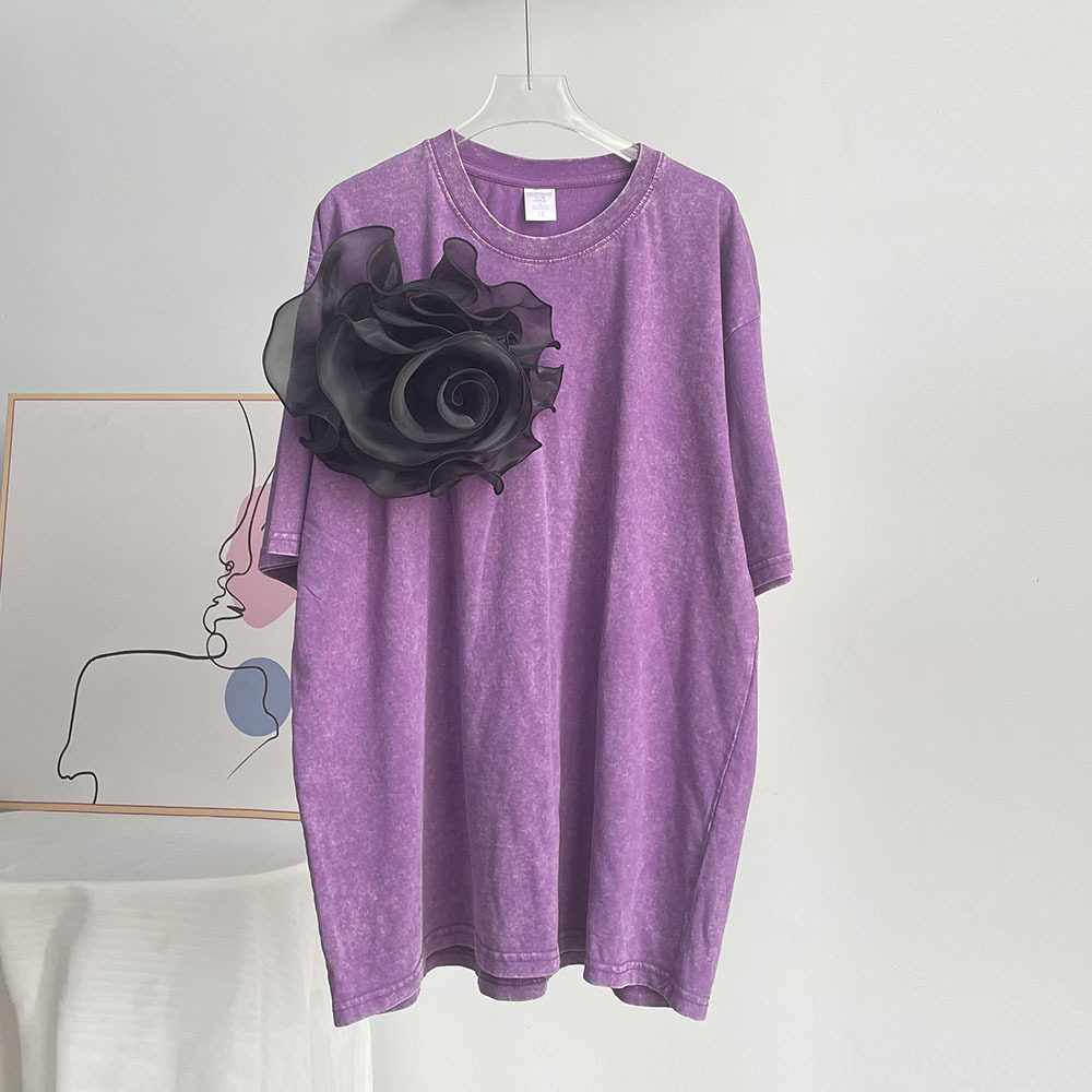 Womens Vintage Style Short Sleeve Cotton T Shirt Washed Wax Dyed Faded Look Streetwear Summer Casual Wear