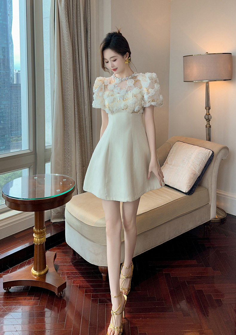 Đầm suông midi tay bồng cổ tròn phong cách Pháp họa tiết hoa — [Màu hồng đào] chi tiết 4