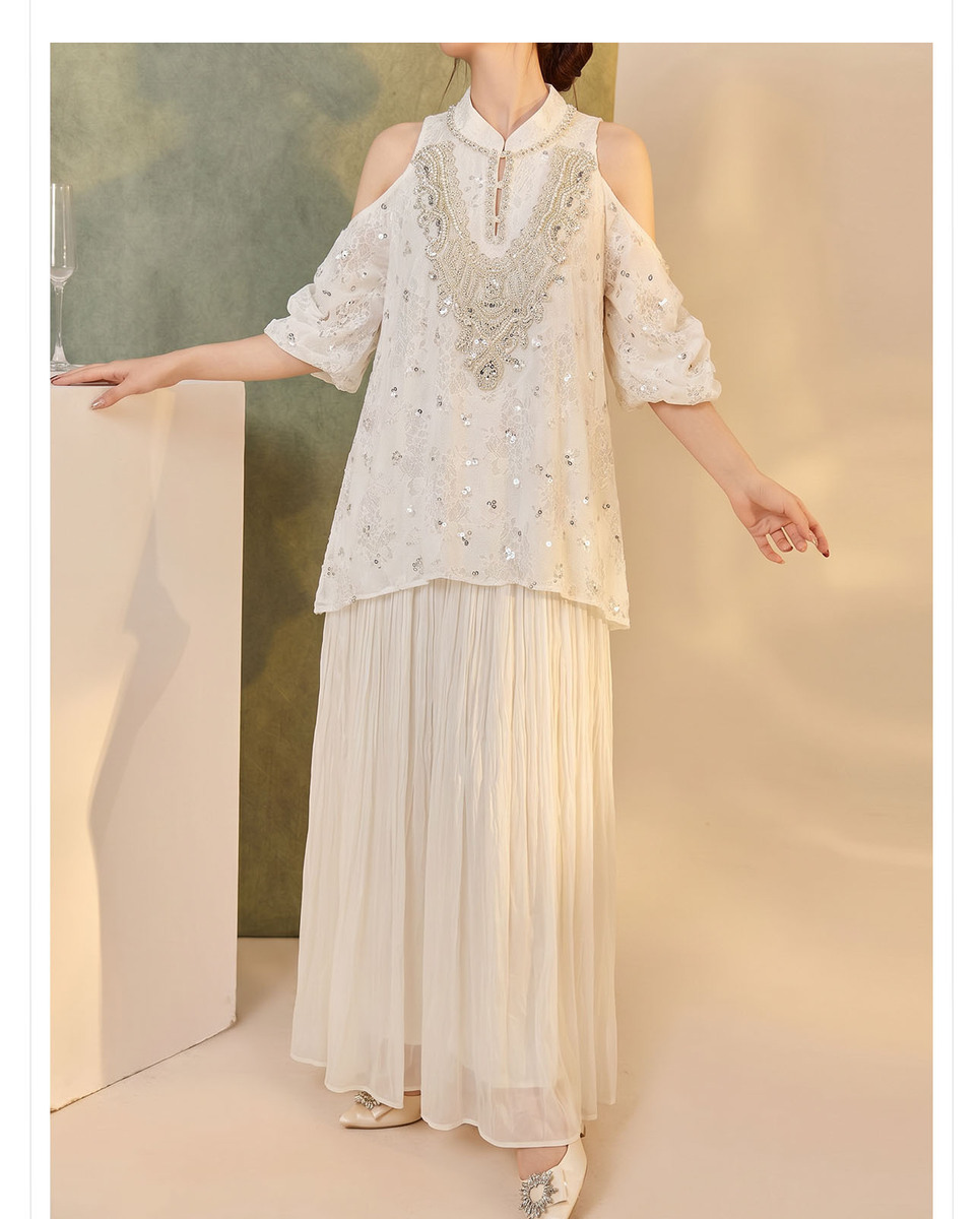Đầm maxi nữ vai trần tay bồng thêu đính cườm dáng suông — Trắng cực quang, Xanh tuyết núi