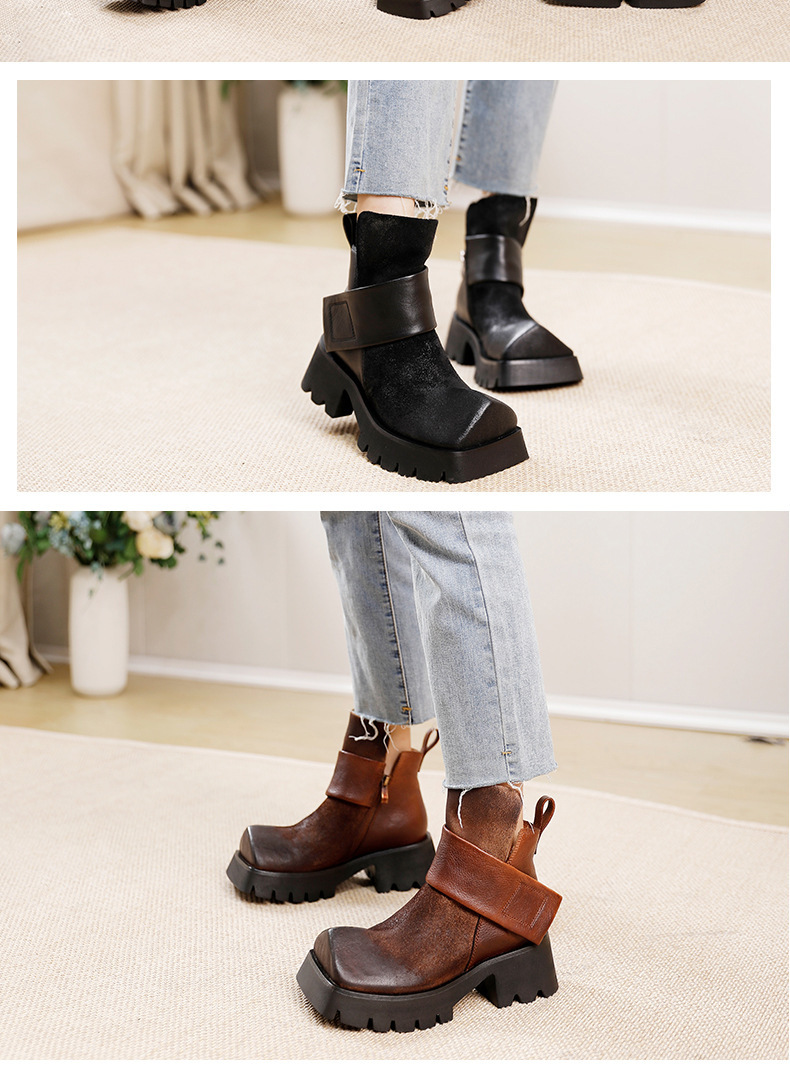 Boot Martin nữ da bò cổ ngắn gót thô khóa kéo bên — Màu cà phê, Màu đen