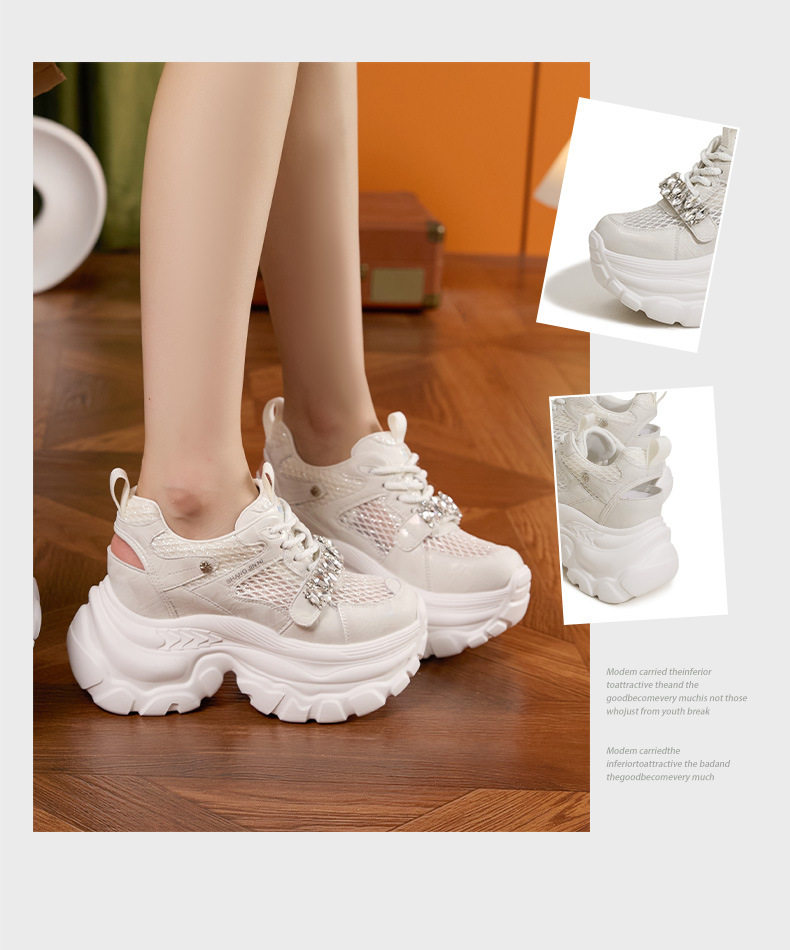 Giày sneaker nữ lưới thoáng khí đế dày 9 cm mùa xuân hè 2025 — Xám, Trắng ngọc trai chi tiết 3