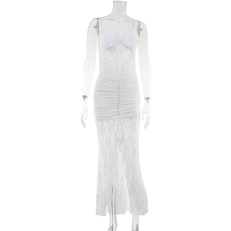 Lace Backless Maxi Dress Solid Color Sexy Spaghetti Straps High Slit Elegant Gown Perfect for Evening Events