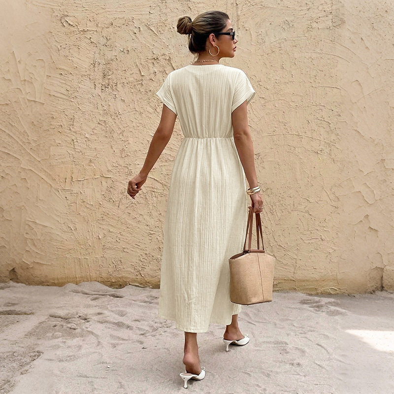Vacation Style Maxi Dress Solid Color Textured Fabric V Neck Flutter Sleeves Perfect for Summer Events Wholesale