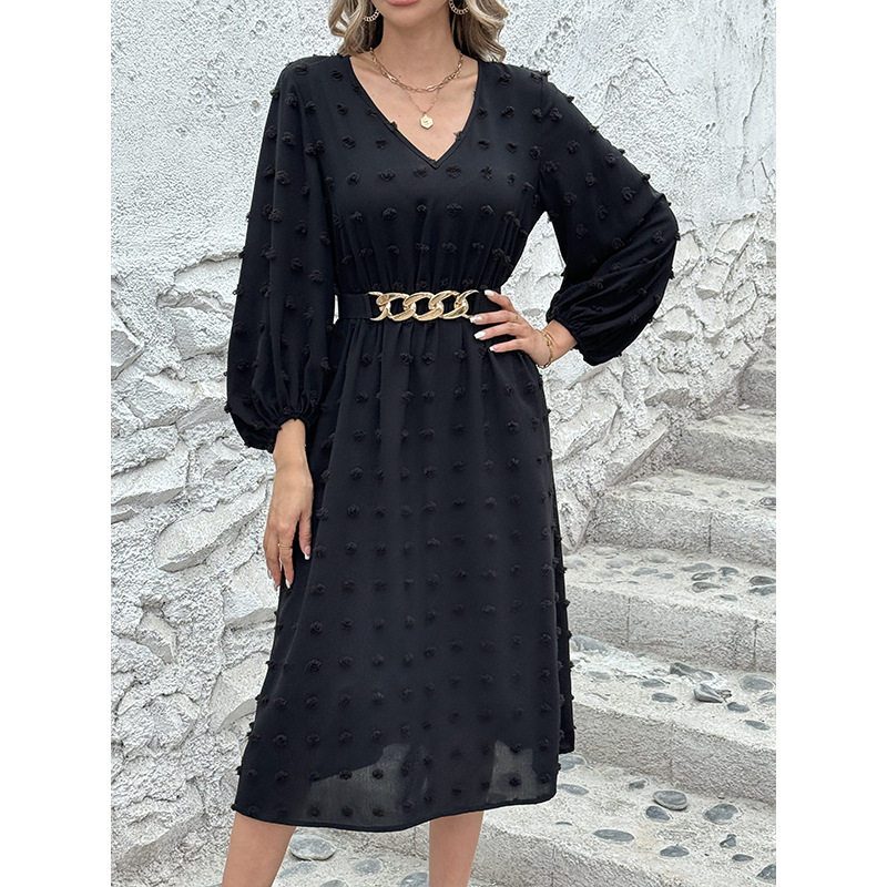 French V Neck Long Sleeve Dress Stylish Pom Detail Chic Casual Wear for Women Ready to Ship OEM ODM service