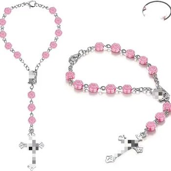 Cross-border Amazon Hot-selling Rosary Bracelet Pink Rose Beaded Cross Bracelet Baptism Beads Manufacturer