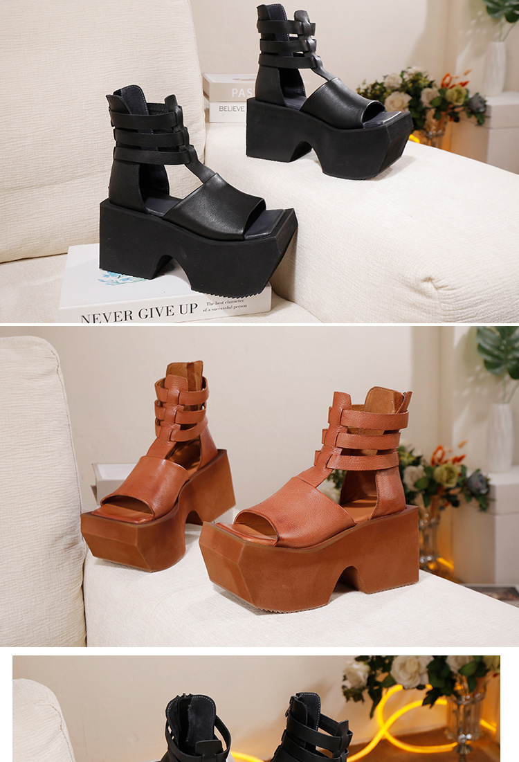 Sandal La Mã nữ đế dày tăng chiều cao, giày cao gót quai dán phong cách châu Âu — màu đen, Màu nâu