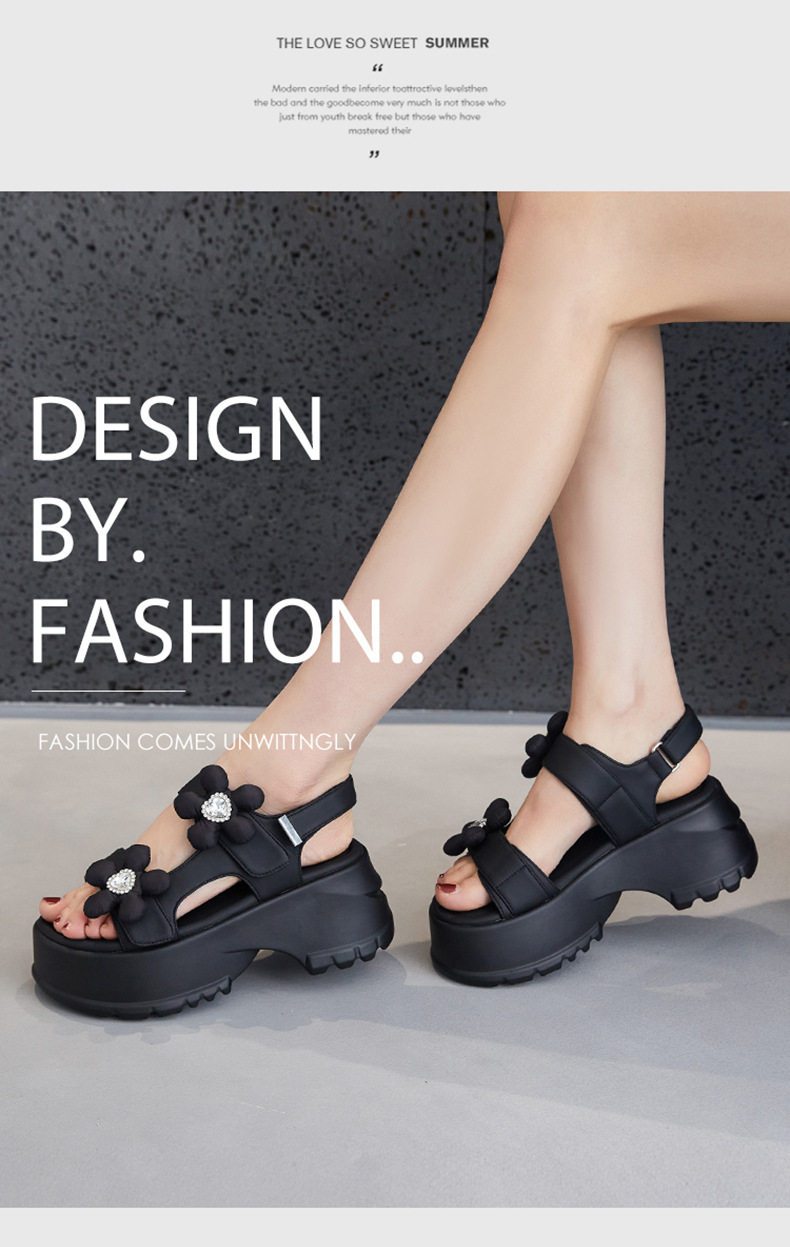 Dép sandal nữ đế dày platform phong cách thể thao mùa hè — Len sạch, Đen chi tiết 9