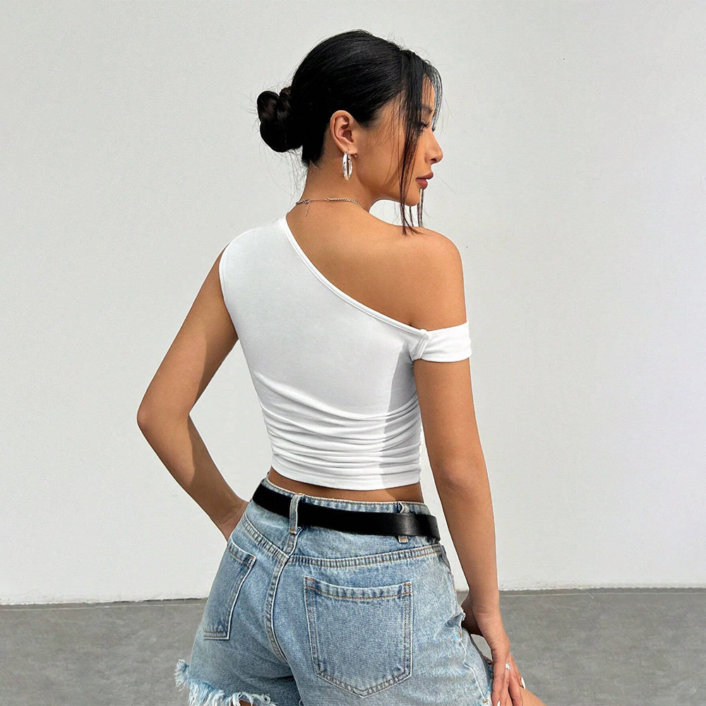 Asymmetrical Shoulder Knit T Shirt Slim Fit Sexy Design Comfortable Fabric Casual Wear for Women OEM Available