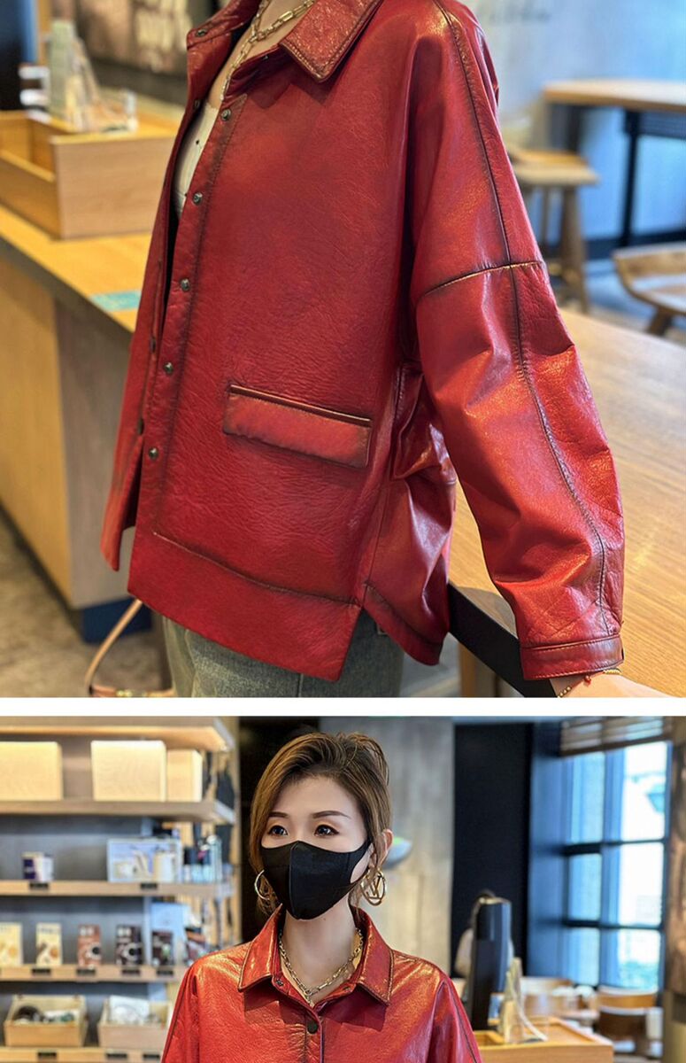 Áo khoác da bò nữ dáng ngắn cổ vuông phong cách casual — Màu đen, Màu đỏ rượu