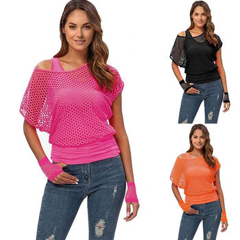 Amazon popular Carnival 1980s festival party dance clothing off-the-shoulder fishing net short sleeve suit two pieces