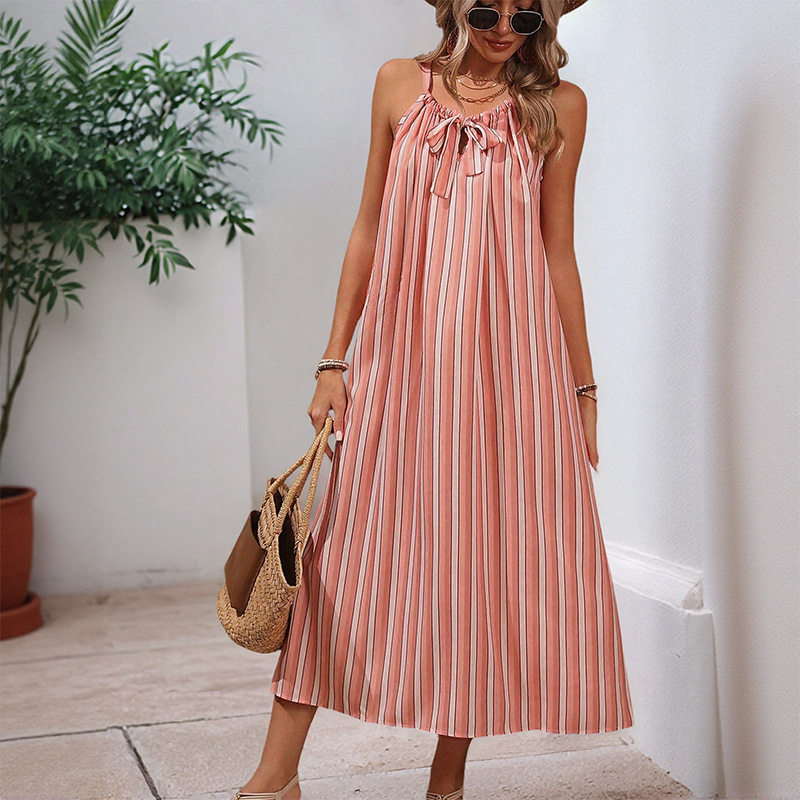 Elegant Striped Maxi Dress Sweet and Chic Design Adjustable Spaghetti Straps Loose Fit Perfect for Summer Events