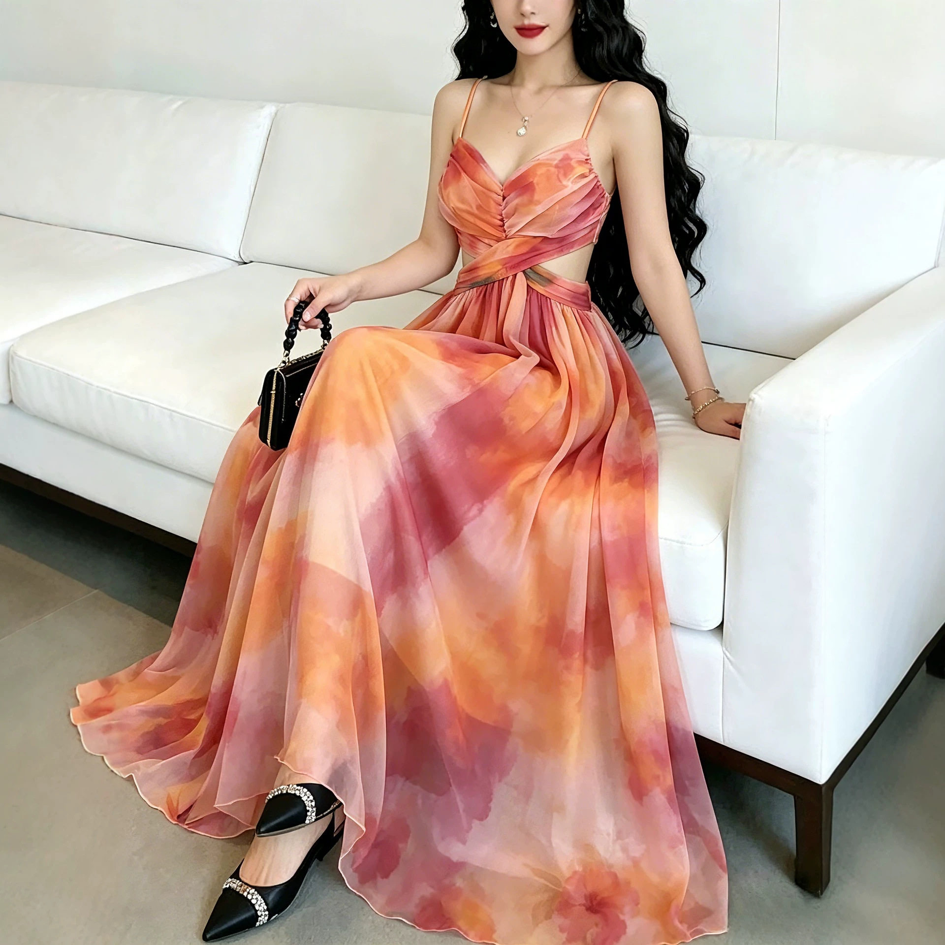 Orange Floral Print Maxi Dress Elegant Sleeveless Design Perfect for Beach Vacations Wholesale Available
