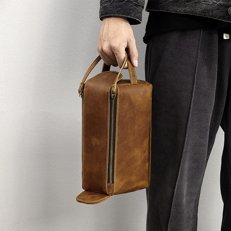 Genuine Leather Toiletry Bag, Multifunctional Travel Cosmetics Bag, First-Layer Cowhide Men's Clutch Bag, Large-Capacity Handbag, Crazy Horse Leather