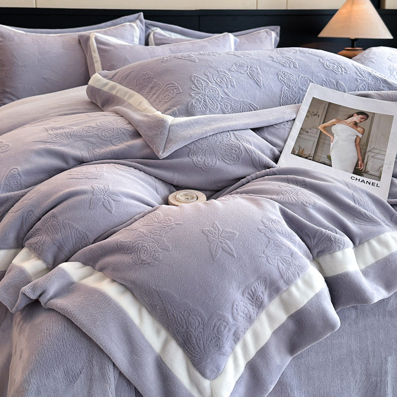 Light Luxury Winter Type a Carved Milk Velvet Bed Four-Piece Set Thickeneded Warm Coral Velvet Bed Bed Sheets Quilt Cover Three-Piece Set