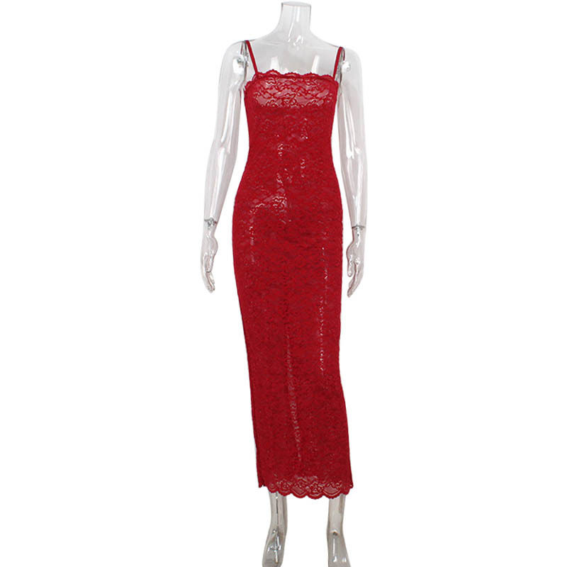 Red Lace Strapless Bodycon Maxi Dress French Style Elegant Fit High Quality Fabric Perfect for Evening Events