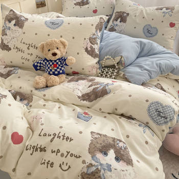 Category a Mother and Baby Super Soft Waxy Washed Cotton Lolita Four-Piece Set Girly Heart Bed Bed Sheetss Student Dormitory Quilt Cover Three-Piece Set