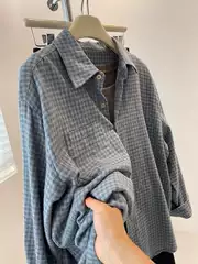 Women's Vintage Washed Blue Plaid Shacket for Fall, Thick, Loose Fit, Trendy Layering Top