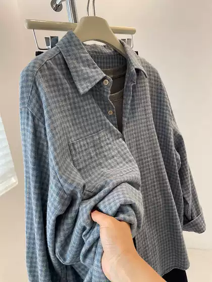 Women's Vintage Washed Blue Plaid Shacket for Fall, Thick, Loose Fit, Trendy Layering Top